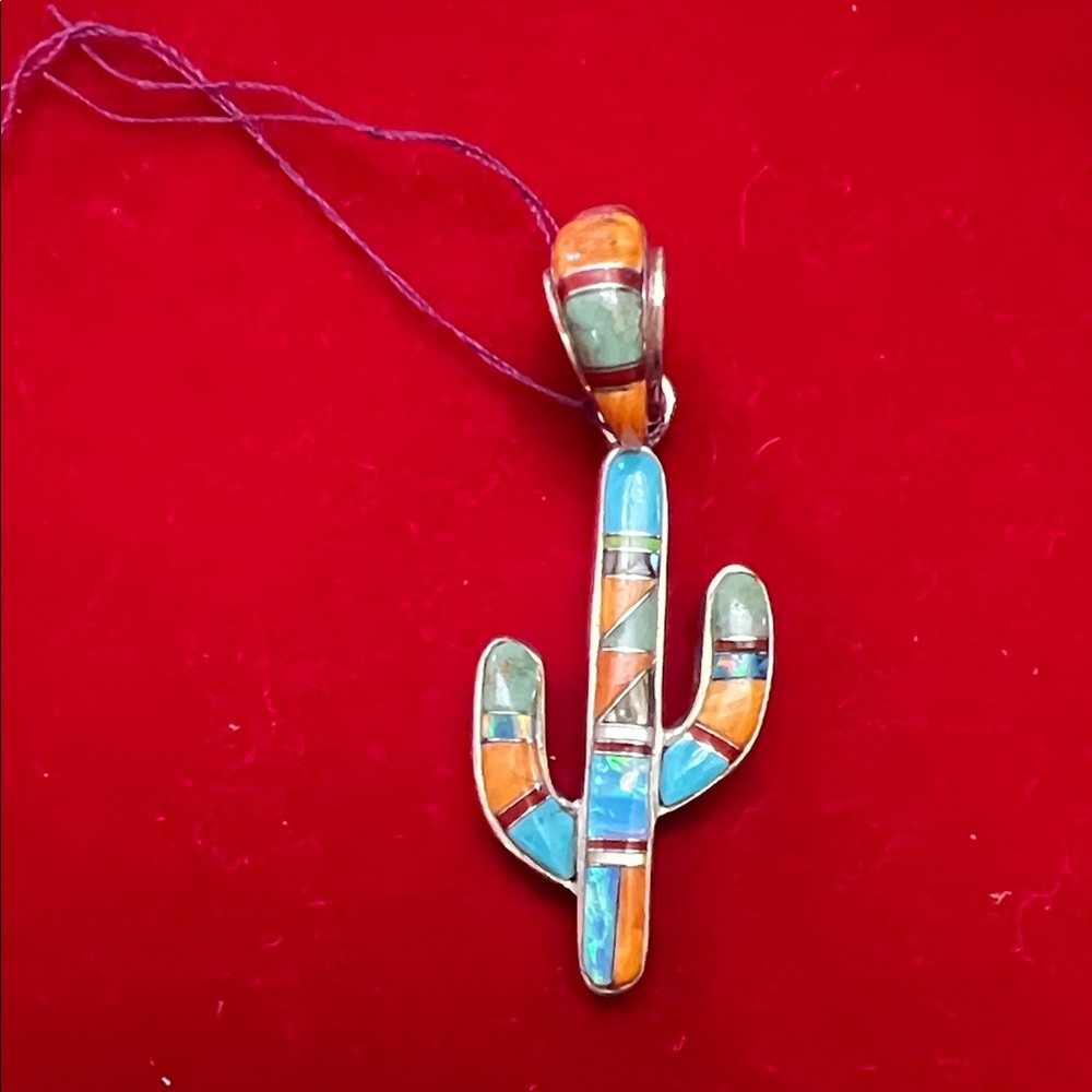 Multi Inlay Turqupise  Cactus Pendant